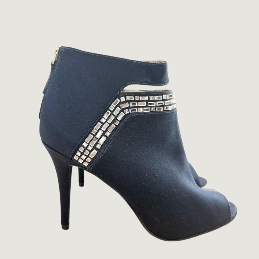 Nine West Navy Blue Satin Crystal Embellished Peep Toe Booties Heels Size 7M - Picture 2 of 12